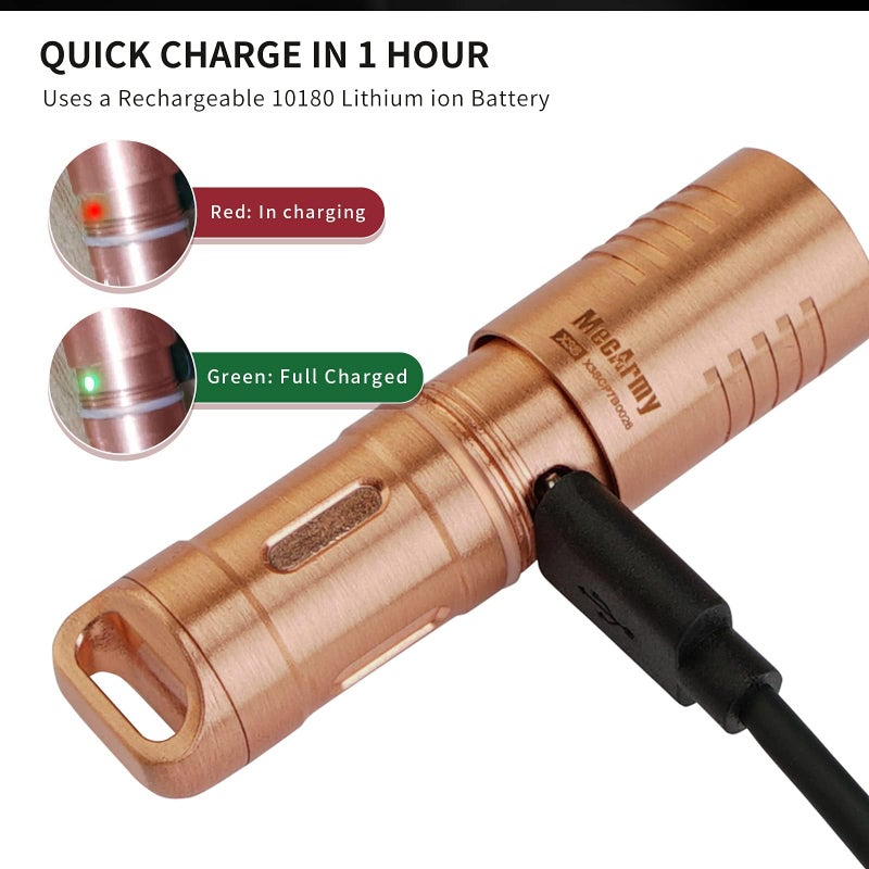 MecArmy X3S Handheld Mini EDC Flashlight with Micro USB Charging, Portable Rechargeable Everyday Carry Keychain Torch|130 lumens Outdoor Waterproof Lamp (Copper) - Image 4